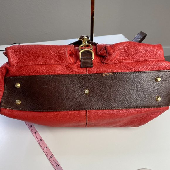 VALENTINA Double Strap Soft Red Brown Leather Zipper Pouch Pockets Gold Hardware - Picture 13 of 16